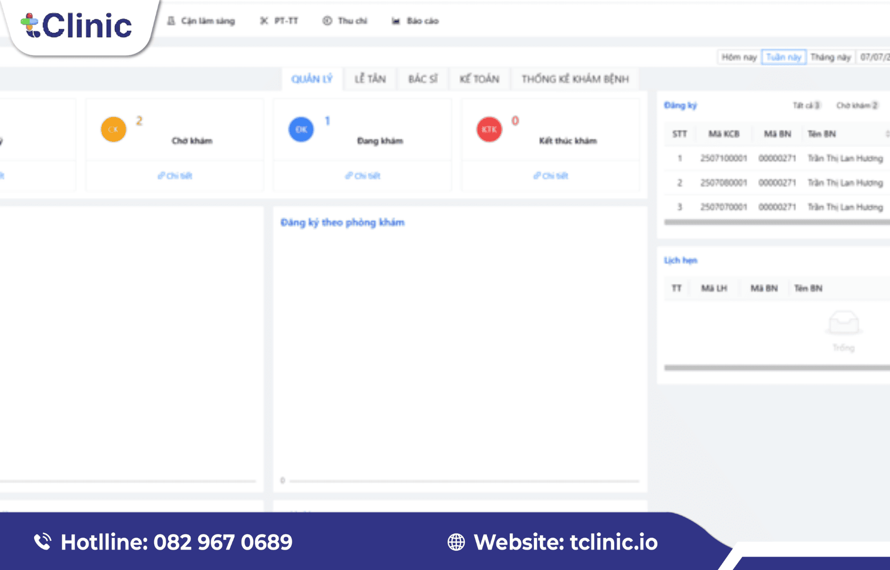 Các gói phần mềm phòng khám Nhi tClinic phù hợp với từng quy mô 1 Giao diện quản lý chung của phần mềm tClinic