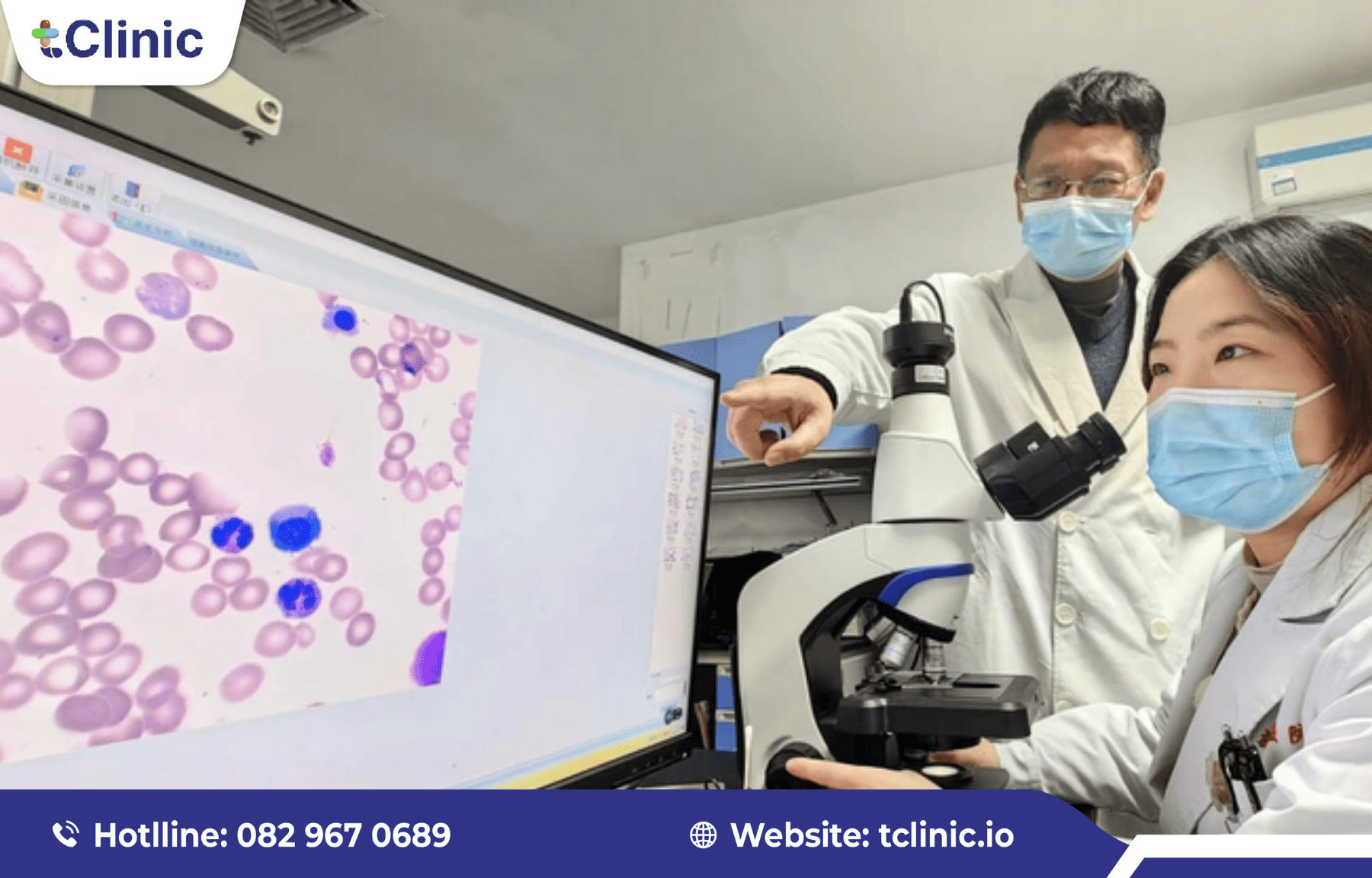 Cách tích hợp phần mềm với thiết bị siêu âm, xét nghiệm hiệu quả 3 Bác sĩ và kỹ thuật viên phân tích mẫu xét nghiệm trên màn hình.